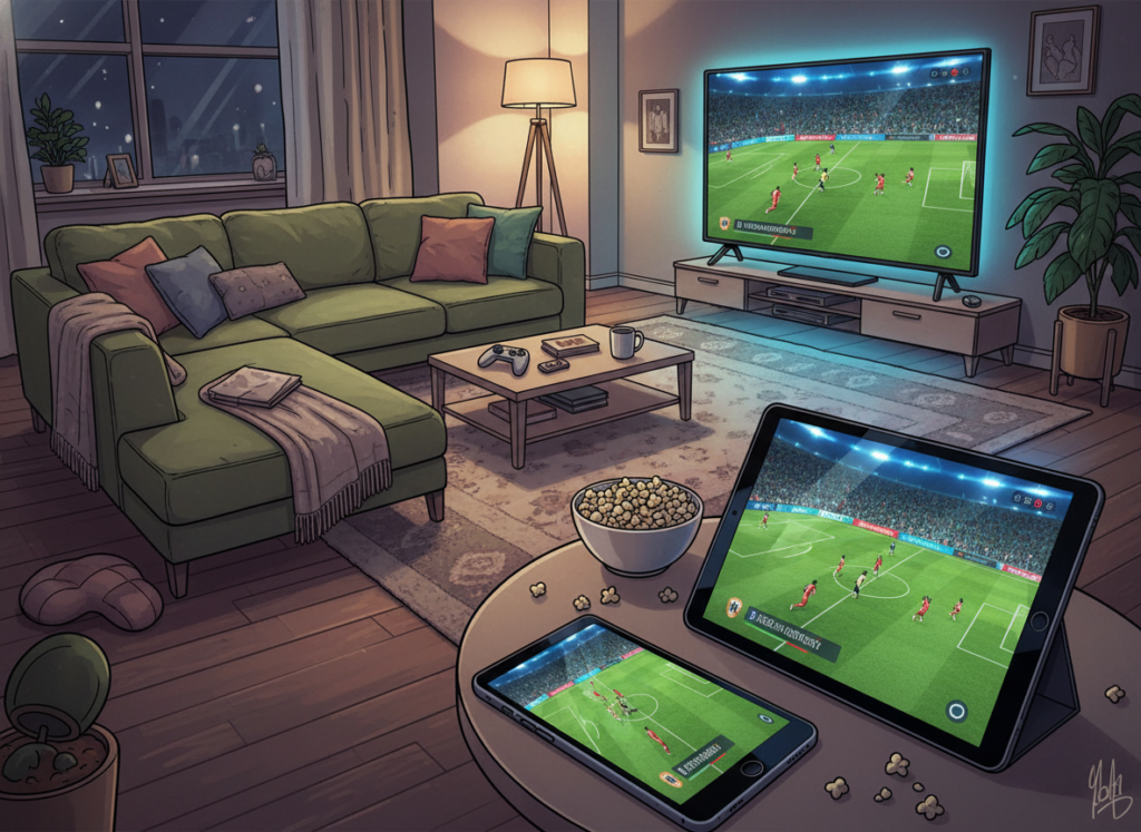 A vibrant and dynamic illustration depicting the concept of "Streaming on Different Devices." In the foreground, a sleek smartphone and a tablet display a live football match, with vivid colors capturing the excitement of the game. In the middle ground, a modern smart TV shows the same match, further emphasizing the versatility of viewing options. The background features a cozy living room setting with a comfortable couch, soft lighting creating an inviting atmosphere. A warm glow emanates from the screens, enhancing the excitement of the broadcast. Use a wide-angle perspective to capture the devices and environment harmoniously. The mood is lively and engaging, reflecting the thrill of watching football from various gadgets in a professional yet relaxed setting, suitable for fans of all ages.