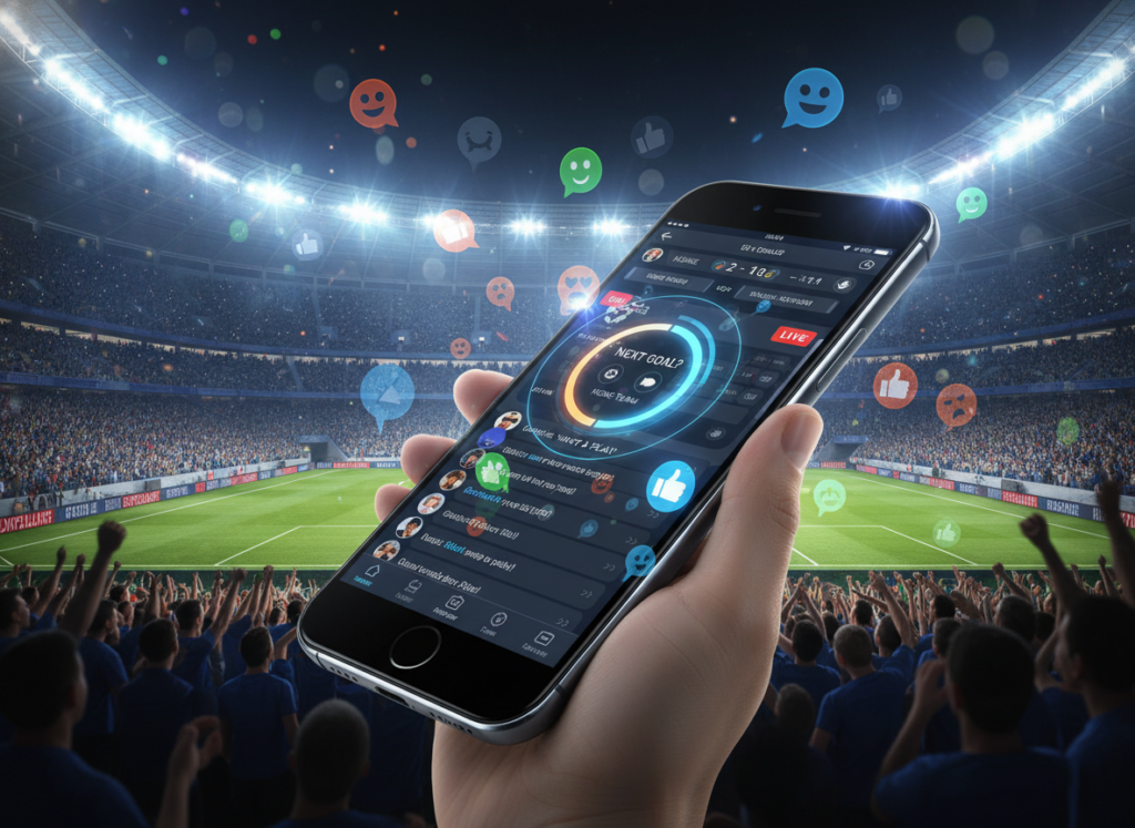 A vibrant and engaging digital scene showcasing interactive features of mobile applications related to live sports, particularly football. In the foreground, a smartphone with a sleek design displays an app interface featuring real-time match statistics, live chat options, and colorful notifications. The middle layer includes floating icons representing user engagement, such as thumbs up, comments, and interactive polls. In the background, a dynamic stadium filled with cheering fans under bright stadium lights, creating an electrifying atmosphere. The lighting is bright and colorful, mimicking a festive matchday vibe, with a slight bokeh effect to focus on the app while still depicting the excitement of the game. The mood is energetic and inviting, emphasizing user interaction with technology in sports.