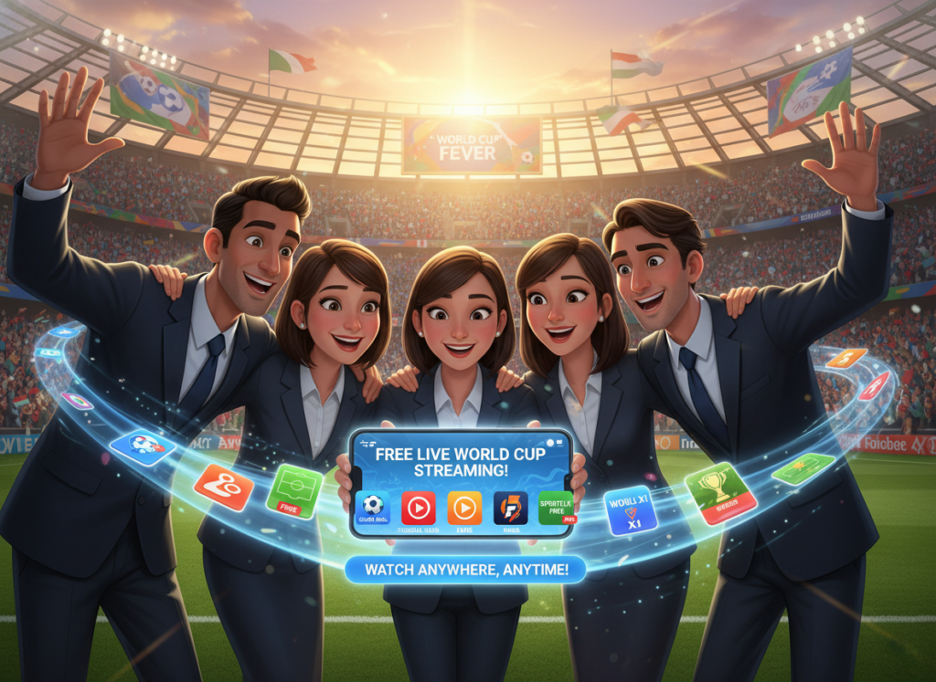 A vibrant and engaging illustration depicting a smartphone displaying various free apps for streaming live sports, particularly focusing on the World Cup. In the foreground, emphasize the smartphone held by a diverse group of individuals—all dressed in professional business attire—showing excitement and unity as they engage with the screen. In the middle ground, include a visually appealing layout of mobile app icons representing popular free streaming services with colorful designs. The background should be a festive sports environment, featuring fans cheering in a stadium with flags and banners, creating an atmosphere of celebration and sportsmanship. Use bright and dynamic lighting to enhance the joyful mood, capturing the essence of shared moments watching the World Cup on mobile devices. A vibrant and engaging illustration depicting a smartphone displaying various free apps for streaming live sports, particularly focusing on the World Cup. In the foreground, emphasize the smartphone held by a diverse group of individuals—all dressed in professional business attire—showing excitement and unity as they engage with the screen. In the middle ground, include a visually appealing layout of mobile app icons representing popular free streaming services with colorful designs. The background should be a festive sports environment, featuring fans cheering in a stadium with flags and banners, creating an atmosphere of celebration and sportsmanship. Use bright and dynamic lighting to enhance the joyful mood, capturing the essence of shared moments watching the World Cup on mobile devices.