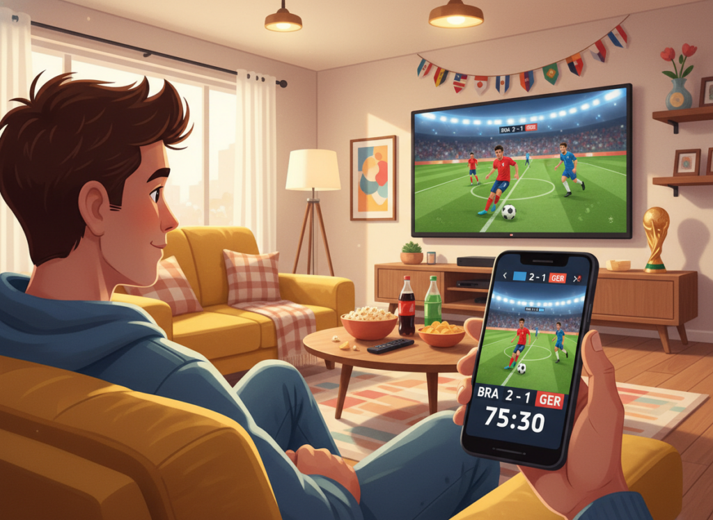 A vibrant and engaging illustration showcasing a mobile phone displaying a live soccer match on its screen, held by a young adult in casual attire, sitting comfortably in a cozy living room. In the foreground, the focus is on the phone, the bright colors of the match visible on the screen. In the middle ground, a stylish sofa and a coffee table with snacks and drinks create a relaxed atmosphere. The background features a wall-mounted TV showing the same match, emphasizing the connectivity of enjoying the game on different devices. Warm lighting casts a soft glow, creating an inviting ambiance that captures the excitement of watching the World Cup. The overall vibe is energetic and fun, perfect for sports enthusiasts.