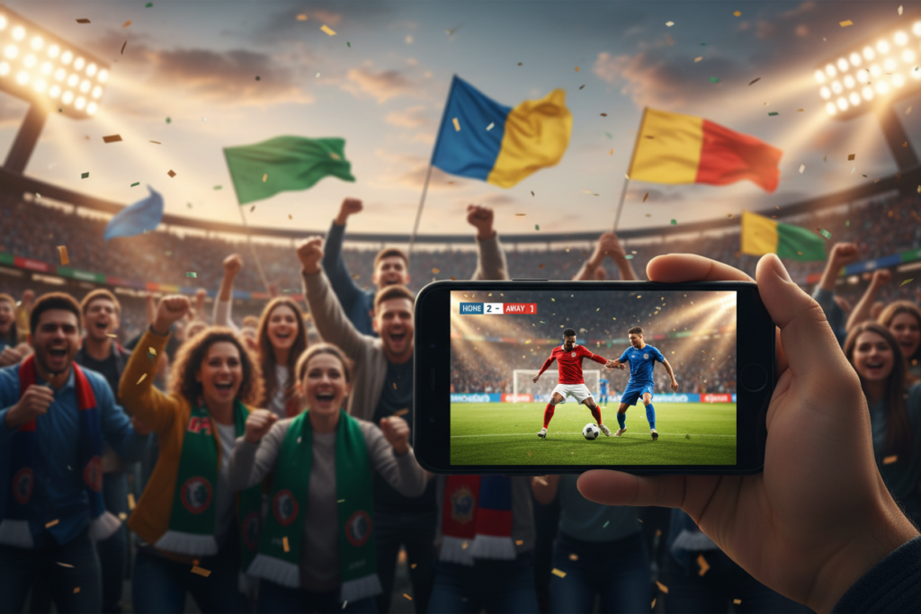 A vibrant and engaging scene depicting a modern smartphone displaying a live football match. In the foreground, the phone screen shows a dynamic moment from a soccer game, with players in action, wearing bright team uniforms. The middle ground features a cheering crowd in a stadium, with diverse fans expressing excitement, dressed in casual sports attire. The background captures a lively stadium atmosphere with colorful banners and floodlights. The image is illuminated with warm, energetic lighting to convey excitement, captured from a slight angle to give depth. The overall mood is thrilling and inclusive, emphasizing the joy of watching football live through an app. A vibrant and engaging scene depicting a modern smartphone displaying a live football match. In the foreground, the phone screen shows a dynamic moment from a soccer game, with players in action, wearing bright team uniforms. The middle ground features a cheering crowd in a stadium, with diverse fans expressing excitement, dressed in casual sports attire. The background captures a lively stadium atmosphere with colorful banners and floodlights. The image is illuminated with warm, energetic lighting to convey excitement, captured from a slight angle to give depth. The overall mood is thrilling and inclusive, emphasizing the joy of watching football live through an app.