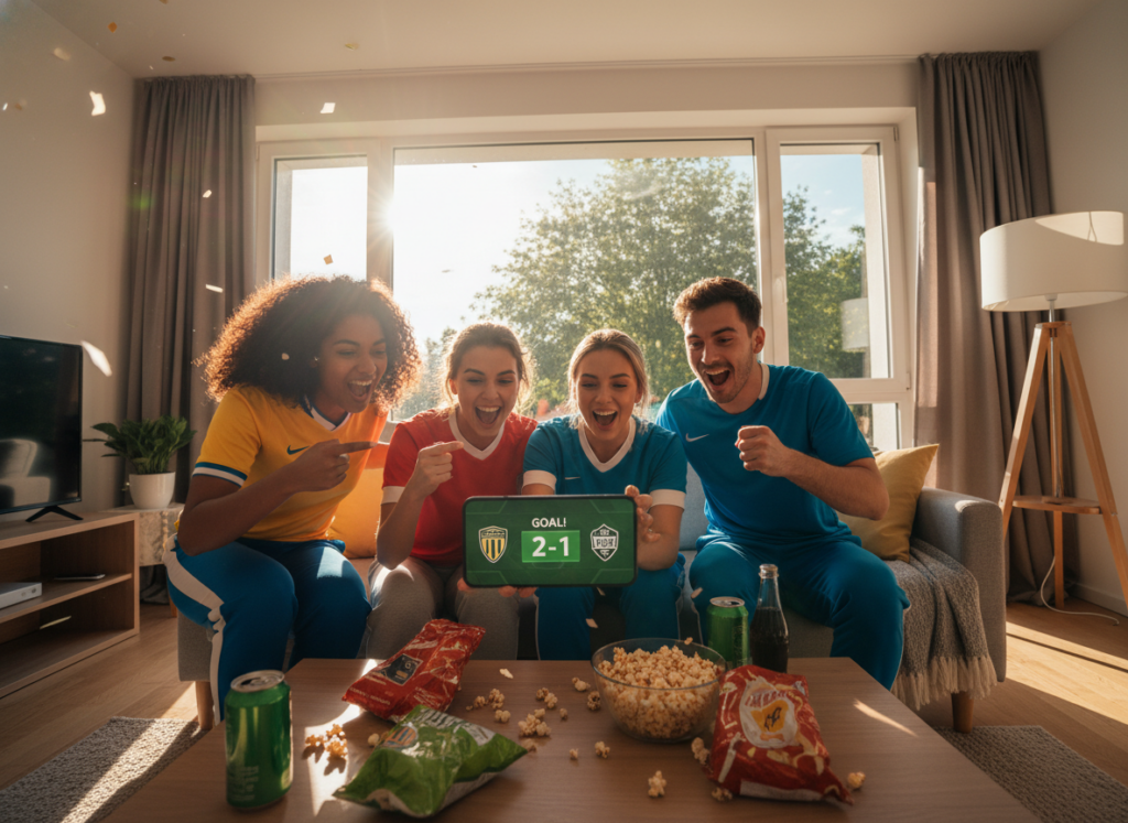 A vibrant and engaging scene depicting the benefits of watching the World Cup on a mobile phone. In the foreground, a diverse group of friends, dressed in casual sports attire, excitedly gather around a smartphone as they celebrate a goal during a match. The middle ground features a cozy living room setting, with snacks and drinks on the table, enhancing the atmosphere of camaraderie and enjoyment. In the background, a large window showcases a bright, sunny day, symbolizing the joy of sharing this experience outdoors or at home. The lighting is warm and inviting, creating a sense of excitement and togetherness. Use a wide-angle lens to capture the full scene, with a focus on the expressions of joy on the friends' faces as they cheer for their team. A vibrant and engaging scene depicting the benefits of watching the World Cup on a mobile phone. In the foreground, a diverse group of friends, dressed in casual sports attire, excitedly gather around a smartphone as they celebrate a goal during a match. The middle ground features a cozy living room setting, with snacks and drinks on the table, enhancing the atmosphere of camaraderie and enjoyment. In the background, a large window showcases a bright, sunny day, symbolizing the joy of sharing this experience outdoors or at home. The lighting is warm and inviting, creating a sense of excitement and togetherness. Use a wide-angle lens to capture the full scene, with a focus on the expressions of joy on the friends' faces as they cheer for their team.
