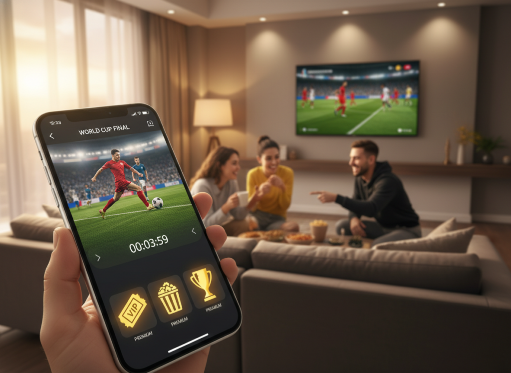 A vibrant and engaging scene illustrating the concept of paid options for watching the World Cup on mobile devices. In the foreground, a smartphone displays a dynamic sports streaming app interface with football graphics and a countdown timer. Surrounding the phone, various subscription service logos are subtly highlighted, such as a ticket graphic, popcorn, and a trophy. In the middle ground, a stylish living room setting features a cozy couch with a few people, dressed in smart casual attire, animatedly discussing the game. The background reveals a warm, inviting atmosphere with soft lighting from a lamp, and a large TV showcasing a soccer match in action. The mood conveys excitement and anticipation, capturing the essence of enjoying a complete World Cup viewing experience. A vibrant and engaging scene illustrating the concept of paid options for watching the World Cup on mobile devices. In the foreground, a smartphone displays a dynamic sports streaming app interface with football graphics and a countdown timer. Surrounding the phone, various subscription service logos are subtly highlighted, such as a ticket graphic, popcorn, and a trophy. In the middle ground, a stylish living room setting features a cozy couch with a few people, dressed in smart casual attire, animatedly discussing the game. The background reveals a warm, inviting atmosphere with soft lighting from a lamp, and a large TV showcasing a soccer match in action. The mood conveys excitement and anticipation, capturing the essence of enjoying a complete World Cup viewing experience.