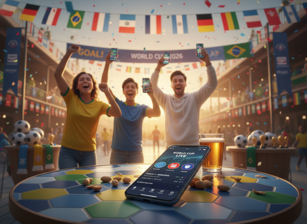 A vibrant and engaging scene showcasing various smartphone screens displaying popular sports apps, designed for tracking the World Cup. In the foreground, focus on a sleek smartphone resting on a colorful soccer-themed table, featuring app icons such as live scores, fixtures, and team updates. In the middle, illustrate blurred figures of diverse fans in casual clothing, excitedly cheering and engaging with their devices. The background should depict a festive atmosphere with banners, flags, and soccer memorabilia, hinting at a lively outdoor setting with warm, golden-hour lighting. The mood is jubilant and energetic, capturing the excitement of fans as they stay connected during the tournament. A vibrant and engaging scene showcasing various smartphone screens displaying popular sports apps, designed for tracking the World Cup. In the foreground, focus on a sleek smartphone resting on a colorful soccer-themed table, featuring app icons such as live scores, fixtures, and team updates. In the middle, illustrate blurred figures of diverse fans in casual clothing, excitedly cheering and engaging with their devices. The background should depict a festive atmosphere with banners, flags, and soccer memorabilia, hinting at a lively outdoor setting with warm, golden-hour lighting. The mood is jubilant and energetic, capturing the excitement of fans as they stay connected during the tournament.