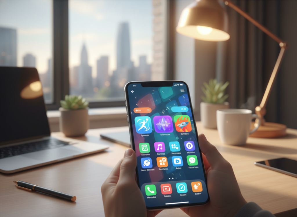 A vibrant digital composition showcasing various mobile apps for iOS and Android, arranged on a sleek smartphone screen. In the foreground, prominently display the device with colorful app icons like sports streaming, music, and gaming. The middle layer features a soft-focus background with a modern workspace setting, including a stylish desk and ambient lighting that gives a warm and inviting atmosphere. Subtle reflections on the phone's screen enhance visual interest. The composition captures a sense of excitement and connection, with bright, engaging colors that convey the ease of accessing live games on mobile devices. The scene is well-lit, suggesting a bright and cheerful mood, suitable for a tech-savvy audience.