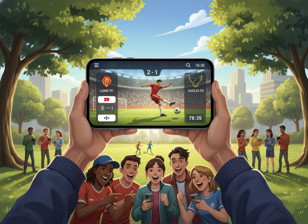 A vibrant digital illustration showcasing a modern smartphone displaying a football app interface. In the foreground, the smartphone is held by a diverse group of individuals, dressed in casual sportswear, cheering enthusiastically while watching a football match. The background features a lively scene of a local park where others are enjoying the game on their devices, with trees and a blue sky enhancing the atmosphere. Soft sunlight filters through the leaves, casting a warm glow, emphasizing the excitement and camaraderie of football fans. The composition focuses on the phone's screen, displaying an action-packed game moment, capturing the essence of community and shared passion for football. A vibrant digital illustration showcasing a modern smartphone displaying a football app interface. In the foreground, the smartphone is held by a diverse group of individuals, dressed in casual sportswear, cheering enthusiastically while watching a football match. The background features a lively scene of a local park where others are enjoying the game on their devices, with trees and a blue sky enhancing the atmosphere. Soft sunlight filters through the leaves, casting a warm glow, emphasizing the excitement and camaraderie of football fans. The composition focuses on the phone's screen, displaying an action-packed game moment, capturing the essence of community and shared passion for football.