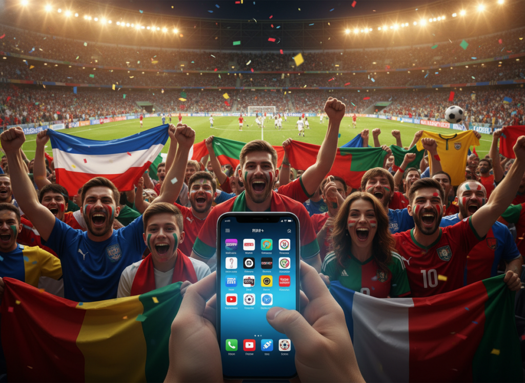 A vibrant, dynamic scene depicting a smartphone displaying World Cup streaming apps, set against a backdrop of an enthusiastic crowd in a stadium holding flags and jerseys. In the foreground, a close-up of a smartphone lit with a bright screen showcasing popular icons of various sports streaming applications. The middle layer features cheering fans, capturing their excitement with colorful face paint and team banners. The background presents a soccer field with players in action and confetti falling from the stands, conveying a festive atmosphere. The image is illuminated with warm stadium lights, creating an inviting and energetic vibe, as if capturing the thrill of the World Cup moments. The composition should be balanced, focusing on both the smartphone and the lively environment surrounding it.