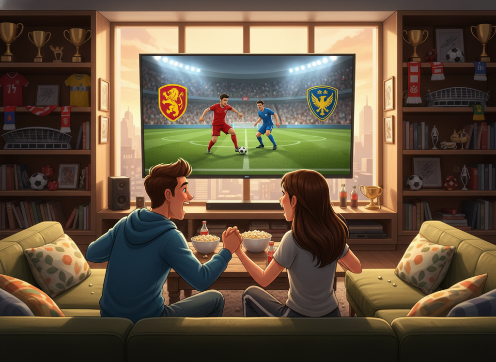A vibrant illustration depicting a modern living room setting where a young couple, dressed in casual attire, are excitedly watching a live football match on a large flat-screen TV. The foreground features a cozy couch with cushions, while the middle ground showcases the TV playing a dynamic scene from a football game, complete with cheering fans and colorful team logos. In the background, shelves are filled with football memorabilia and a subtle view of a window showing a sunny day outside. The lighting is warm and inviting, casting a soft glow across the room, creating an energetic yet relaxed atmosphere. The focus should be on the couple’s joyful expressions, perfectly capturing the essence of watching football together. A vibrant illustration depicting a modern living room setting where a young couple, dressed in casual attire, are excitedly watching a live football match on a large flat-screen TV. The foreground features a cozy couch with cushions, while the middle ground showcases the TV playing a dynamic scene from a football game, complete with cheering fans and colorful team logos. In the background, shelves are filled with football memorabilia and a subtle view of a window showing a sunny day outside. The lighting is warm and inviting, casting a soft glow across the room, creating an energetic yet relaxed atmosphere. The focus should be on the couple’s joyful expressions, perfectly capturing the essence of watching football together.