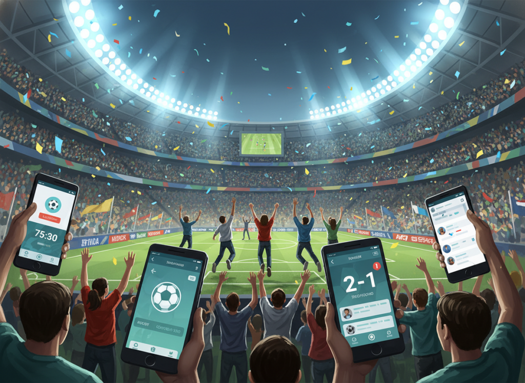 A vibrant illustration showcasing a collection of mobile apps designed for sports enthusiasts, specifically focused on soccer. In the foreground, display smartphones with colorful app icons featuring gameplay live streaming, score updates, and notifications. The middle ground should include a soccer field, symbolizing the excitement of the World Cup, with fans in modest casual attire cheering. In the background, a stadium filled with jubilant supporters under bright floodlights, creating an electrifying atmosphere. The image should be bright and inviting, with a lively color palette of greens, blues, and yellows, emphasizing a festive mood, reminiscent of a soccer game day. The composition should have a dynamic angle, as if the viewer is part of the cheering crowd, immersed in the event. A vibrant illustration showcasing a collection of mobile apps designed for sports enthusiasts, specifically focused on soccer. In the foreground, display smartphones with colorful app icons featuring gameplay live streaming, score updates, and notifications. The middle ground should include a soccer field, symbolizing the excitement of the World Cup, with fans in modest casual attire cheering. In the background, a stadium filled with jubilant supporters under bright floodlights, creating an electrifying atmosphere. The image should be bright and inviting, with a lively color palette of greens, blues, and yellows, emphasizing a festive mood, reminiscent of a soccer game day. The composition should have a dynamic angle, as if the viewer is part of the cheering crowd, immersed in the event.
