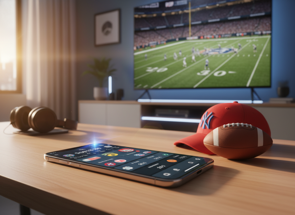 A vibrant, modern digital workspace featuring various sports-themed apps displayed on a sleek smartphone. In the foreground, the phone is angled towards the viewer, showcasing a colorful interface with live sports scores and event schedules. The middle layer depicts a stylish, minimalistic desk with sports memorabilia, such as a miniature football and a vibrant baseball cap. In the background, softly blurred, is a large television screen showing a thrilling sports event, with bright lights illuminating the room. The atmosphere is energetic and engaging, capturing the excitement of sports events combined with technology. Use natural lighting to create a warm and inviting vibe, with a lens flare effect highlighting the phone's screen for a dynamic touch.