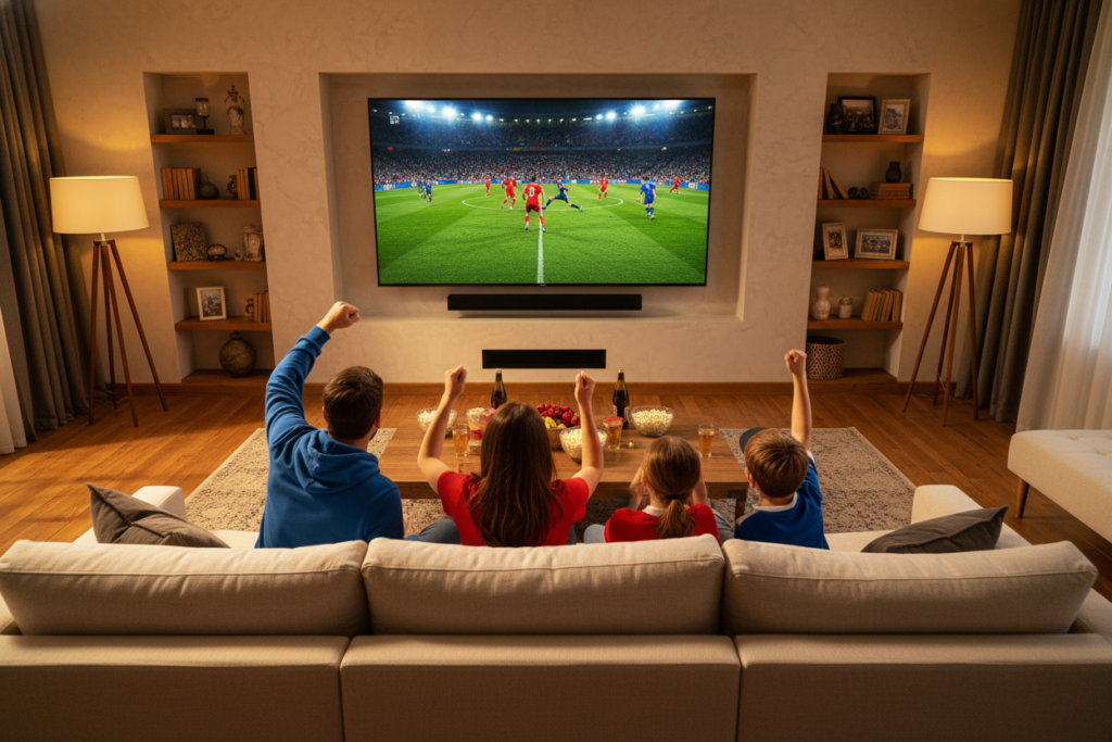 A vibrant scene depicting a high-definition football match in a living room setting, showcasing a large flat-screen TV displaying a thrilling game with intense action. In the foreground, a family of four gathers on a cozy sofa, all dressed in casual clothing, cheering excitedly. The middle ground features the TV, highlighting the crisp, clear quality of the image, with bright colors of the players and stadium. The background shows a tastefully decorated room with subtle lighting, emphasizing the focus on the game. Soft, warm light from the lamps creates an inviting atmosphere, enhancing the excitement and joy of watching live football. The overall mood is one of enthusiasm and connection. A vibrant scene depicting a high-definition football match in a living room setting, showcasing a large flat-screen TV displaying a thrilling game with intense action. In the foreground, a family of four gathers on a cozy sofa, all dressed in casual clothing, cheering excitedly. The middle ground features the TV, highlighting the crisp, clear quality of the image, with bright colors of the players and stadium. The background shows a tastefully decorated room with subtle lighting, emphasizing the focus on the game. Soft, warm light from the lamps creates an inviting atmosphere, enhancing the excitement and joy of watching live football. The overall mood is one of enthusiasm and connection.
