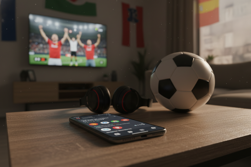 A vibrant scene depicting a smartphone displaying popular football apps, set on a modern wooden table. In the foreground, the phone is at an angle showcasing an intuitive interface filled with colorful sports icons and live match notifications. In the middle ground, a soccer ball and a pair of headphones lay casually next to the phone, suggesting an immersive viewing experience. The background features a soft-focus living room setting with a large TV screen showing a football match in action, with cheering fans visible and colorful team flags. Warm, ambient lighting creates an inviting atmosphere, reflecting excitement and enthusiasm for live football. The composition emphasizes convenience and accessibility to live sports on mobile devices, evoking a sense of community and shared enjoyment among football fans.