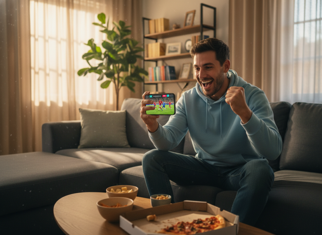 A vibrant scene depicting a young adult sitting comfortably on a modern couch, attentively watching a live soccer match on a smartphone. The foreground features the smartphone displaying a dynamic soccer game, with bright colors illustrating the action. In the middle ground, the individual is dressed in casual but tidy clothing, exuding excitement, with their focused expression reflecting the thrill of the game. The background shows a cozy living room with soft lighting, accentuated by a large window that allows warm afternoon sunlight to filter in. The atmosphere is lively and engaging, capturing the essence of enjoying a soccer match for free on a mobile device. A vibrant scene depicting a young adult sitting comfortably on a modern couch, attentively watching a live soccer match on a smartphone. The foreground features the smartphone displaying a dynamic soccer game, with bright colors illustrating the action. In the middle ground, the individual is dressed in casual but tidy clothing, exuding excitement, with their focused expression reflecting the thrill of the game. The background shows a cozy living room with soft lighting, accentuated by a large window that allows warm afternoon sunlight to filter in. The atmosphere is lively and engaging, capturing the essence of enjoying a soccer match for free on a mobile device.