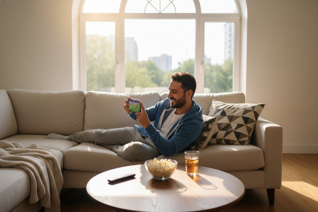 A vibrant scene depicting a young adult using a smartphone to watch a live sports game. The foreground features the individual, dressed in casual but neat attire, intently focused on the screen. The middle ground shows elements of a cozy living room, with a couch and a small table holding snacks, emphasizing a relaxed viewing experience. The background showcases a large window with daylight streaming in, creating a warm ambiance. Soft shadows are cast by the furniture, enhancing the homely feel. The atmosphere is lively, capturing the excitement of watching a game live while providing a sense of comfort and accessibility.