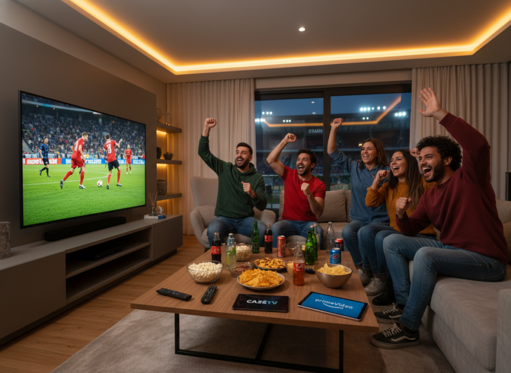 A vibrant scene depicting the excitement of watching football, featuring a cozy living room setup. In the foreground, a large flat-screen TV displays a football match, showcasing players in action. On a stylish coffee table, there are snacks and drinks enhancing the atmosphere of camaraderie. In the middle ground, a group of diverse friends, dressed in casual yet neat clothing, are engaged in the game, smiling and cheering. The background features soft ambient lighting that creates a warm and inviting atmosphere. A window reveals a glimpse of a stadium in the distance, subtly emphasizing the connection to watching live sports. The image should radiate joy and excitement, capturing the essence of enjoying football together on CazéTV and PrimeVideo, while maintaining a professional and safe portrayal of the environment.