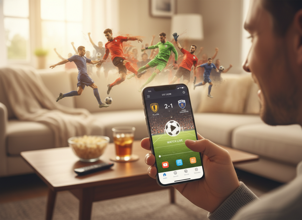 A vibrant scene showcasing mobile apps for watching soccer games, featuring a user-friendly smartphone interface displaying soccer game streams. In the foreground, a close-up of a hand holding a modern smartphone, fingers tapping on an app icon. The middle ground includes blurred images of soccer players in action, hinting at the excitement of live games. In the background, a cozy living room with soft lighting creates an inviting atmosphere. A stylish coffee table with snacks and drinks enhances the mood of watching a game with friends or family. Capture the essence of excitement and convenience, emphasizing the fun of watching matches on mobile devices. Use warm color tones and gentle focus to evoke a relaxed yet vibrant ambiance.