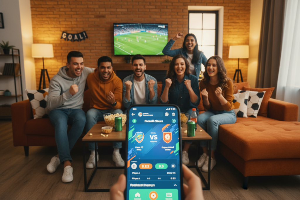 A vibrant smartphone displaying a football streaming app interface in the foreground, showing a live match with colorful graphics and player stats. In the middle ground, a diverse group of friends of various ethnicities excitedly watching the game together in a cozy living room setting, wearing casual clothing and snacks scattered around. The background features a warm, inviting atmosphere with soft lighting and football-themed decorations, like a small banner and cushions. A cozy couch invites viewers into the scene, while a television can be seen in the backdrop showing a match. The overall mood is enthusiastic and celebratory, capturing the excitement of watching the World Cup together with friends.