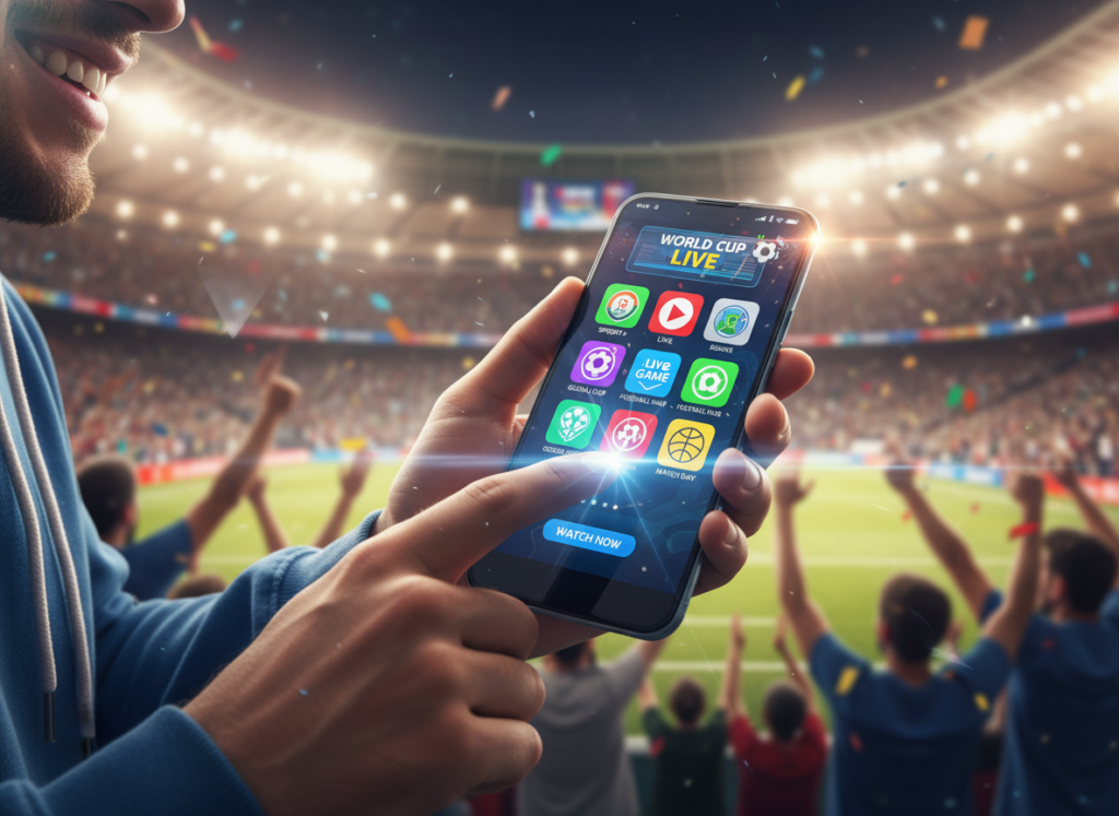 A vibrant smartphone screen displaying various colorful apps for streaming live sports, with icons representing popular sports channels and streaming services. The phone is set against a soft-focus background of cheering fans in a stadium environment, enhancing the atmosphere of excitement and sportsmanship. In the foreground, a hand reaches toward the screen, depicting a person in casual clothing, smiling while engaged with the content. The lighting is bright and dynamic, creating a lively mood, while a slight tilt from a low angle emphasizes the importance of mobile technology in sports enjoyment. The overall composition should evoke a sense of accessibility and enthusiasm for watching the World Cup on-the-go.