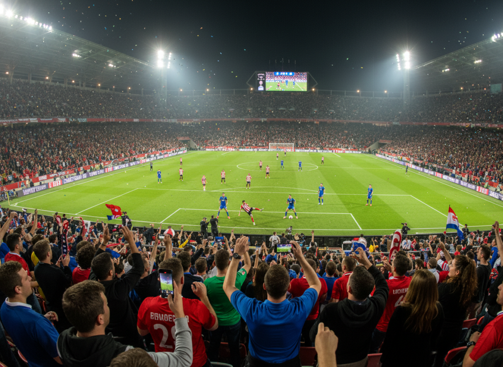 A vibrant soccer stadium packed with cheering fans, with dynamic action unfolding on the field. In the foreground, a diverse group of spectators, dressed in casual sports attire, passionately watching the game, some holding smartphones up to capture the moment. In the middle ground, players in colorful jerseys are engaged in an intense match, displaying various skills and teamwork. The background reveals a large digital screen displaying the game’s score and highlights, under bright stadium lights that create an electric atmosphere. The perspective is from the stands, giving a sense of immersion in the sport. The overall mood is jubilant and energetic, embodying the excitement of live sports events.