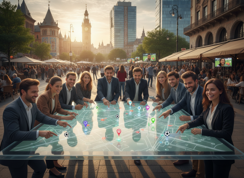 A vibrant urban landscape showcasing a group of diverse, professionally attired individuals engaged with their smartphones, gathering around a large digital map displaying various location-based app icons. In the foreground, they appear enthusiastic, pointing at different locations marked on the map. The middle section features a bustling city street filled with cafes and people watching mobile streams of a soccer game, while in the background, iconic local landmarks add depth, emphasizing regional culture. The lighting is warm and inviting, simulating a late afternoon sun, casting long shadows that enhance the scene’s dynamism. A slightly elevated angle gives an expansive view, encapsulating the energy of community engagement and localized recommendations for enjoying soccer on mobile devices. A vibrant urban landscape showcasing a group of diverse, professionally attired individuals engaged with their smartphones, gathering around a large digital map displaying various location-based app icons. In the foreground, they appear enthusiastic, pointing at different locations marked on the map. The middle section features a bustling city street filled with cafes and people watching mobile streams of a soccer game, while in the background, iconic local landmarks add depth, emphasizing regional culture. The lighting is warm and inviting, simulating a late afternoon sun, casting long shadows that enhance the scene’s dynamism. A slightly elevated angle gives an expansive view, encapsulating the energy of community engagement and localized recommendations for enjoying soccer on mobile devices.