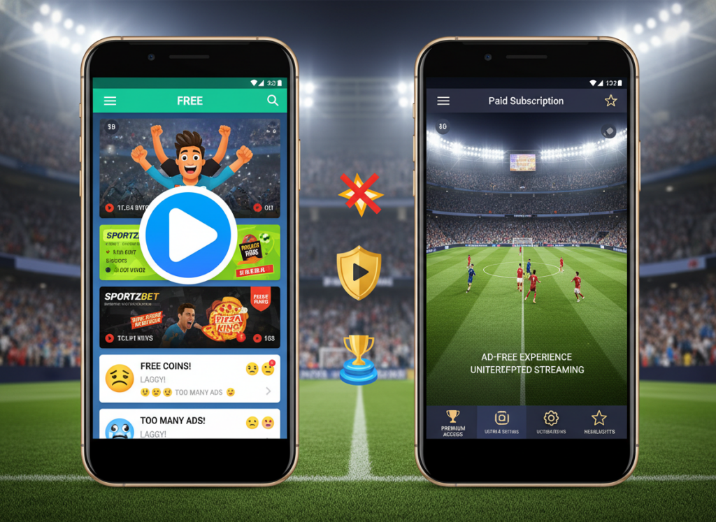A visual comparison between free and paid mobile applications specifically for watching football. In the foreground, two mobile devices are displayed side by side, one showing a vibrant interface of a free app with bright colors, and the other displaying a more sophisticated design of a paid app with darker, sleek colors. In the middle ground, there are icons representing various features like ads, user reviews, and premium content, subtly illustrated. The background features a stadium scene with blurred crowds, creating a lively atmosphere. The lighting is bright and inviting, suggesting a fun experience, while a shallow depth of field focuses on the devices. The overall mood should be informative yet engaging, appealing to football fans seeking app comparisons. A visual comparison between free and paid mobile applications specifically for watching football. In the foreground, two mobile devices are displayed side by side, one showing a vibrant interface of a free app with bright colors, and the other displaying a more sophisticated design of a paid app with darker, sleek colors. In the middle ground, there are icons representing various features like ads, user reviews, and premium content, subtly illustrated. The background features a stadium scene with blurred crowds, creating a lively atmosphere. The lighting is bright and inviting, suggesting a fun experience, while a shallow depth of field focuses on the devices. The overall mood should be informative yet engaging, appealing to football fans seeking app comparisons.